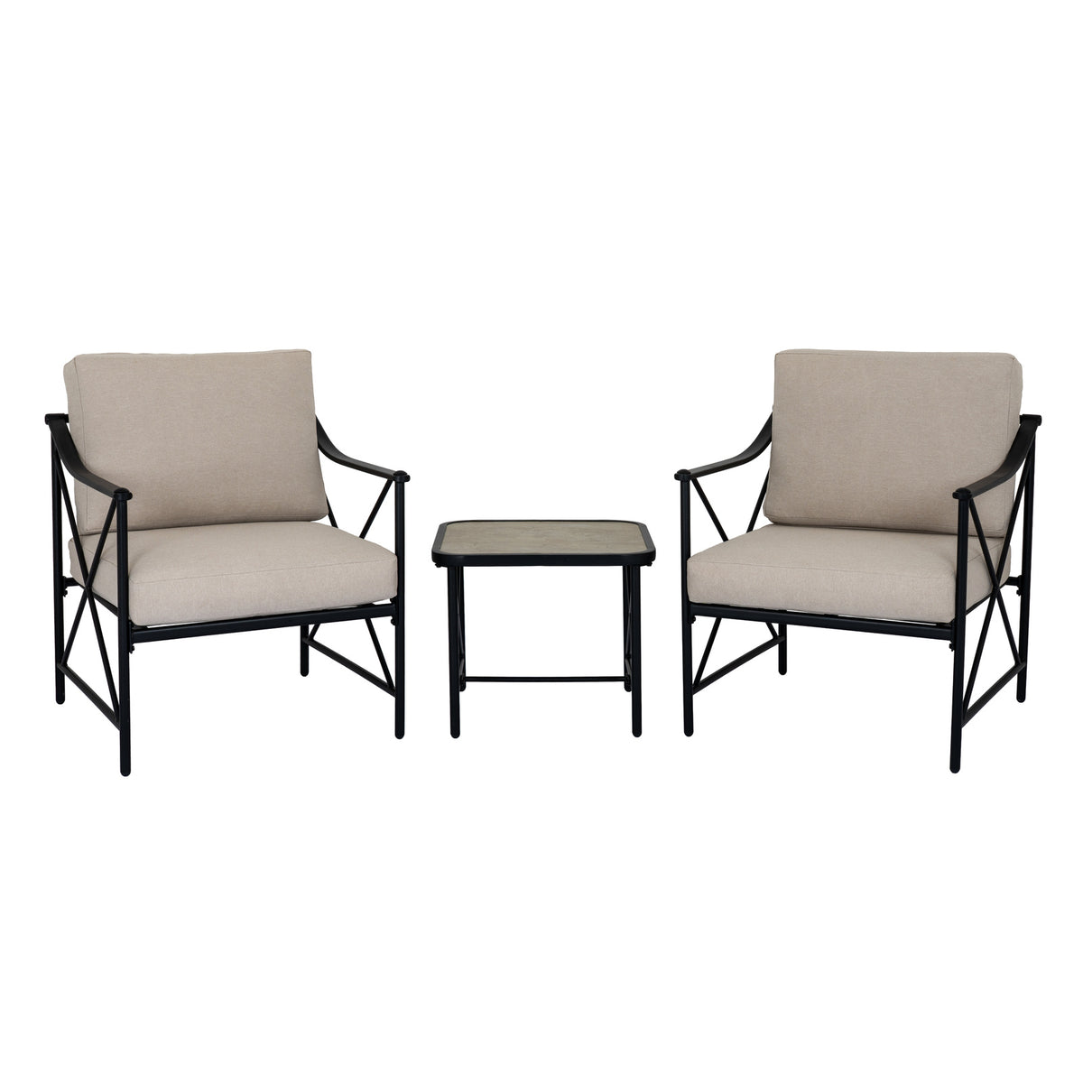 Front view of two black armchairs with beige seat and back cushions, arranged either side of a pale-topped table.