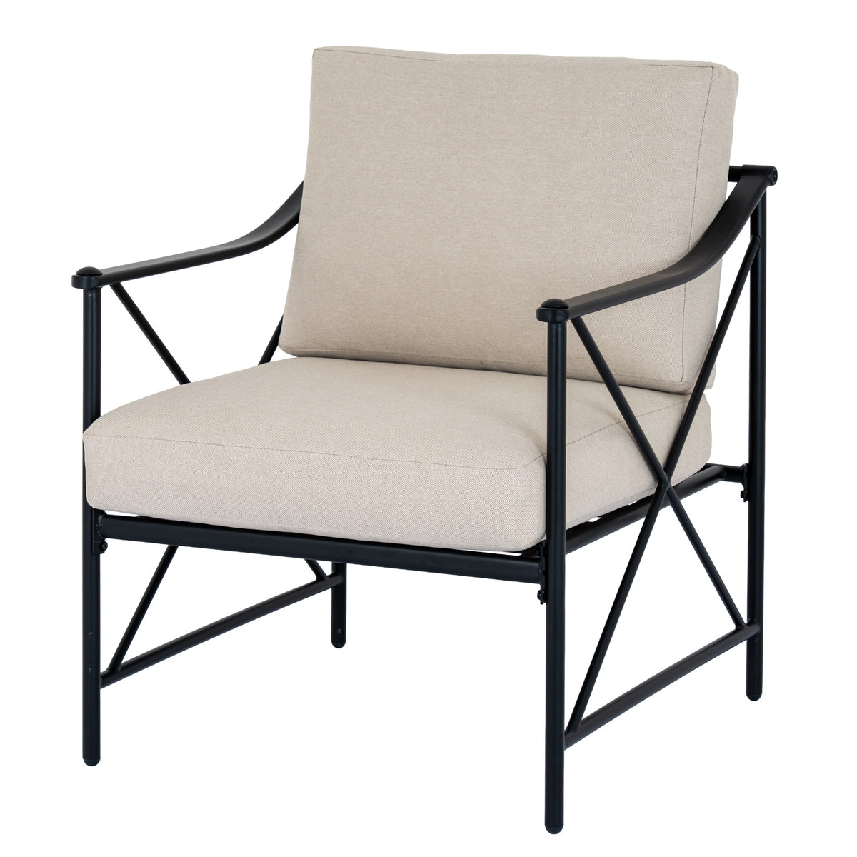 Angled close view of a beige-cushioned armchair showing its swept black arms and crossed side braces.