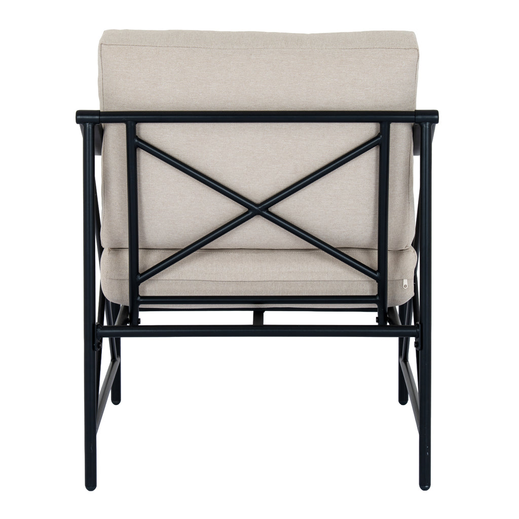 Rear view of an armchair with black X-shaped back braces across the beige back cushion.