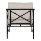Rear view of an armchair with black X-shaped back braces across the beige back cushion.
