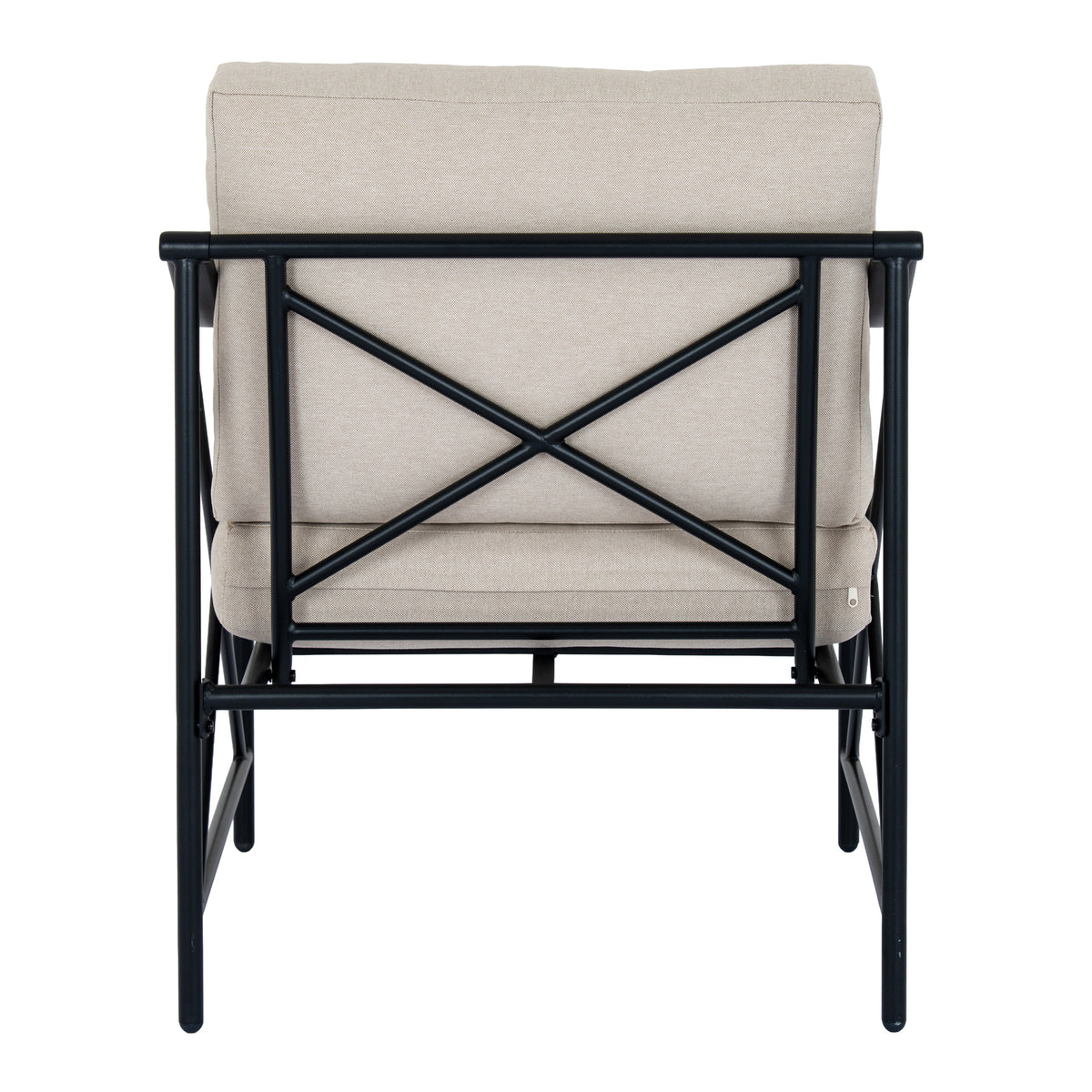 Rear view of an armchair with black X-shaped back braces across the beige back cushion.