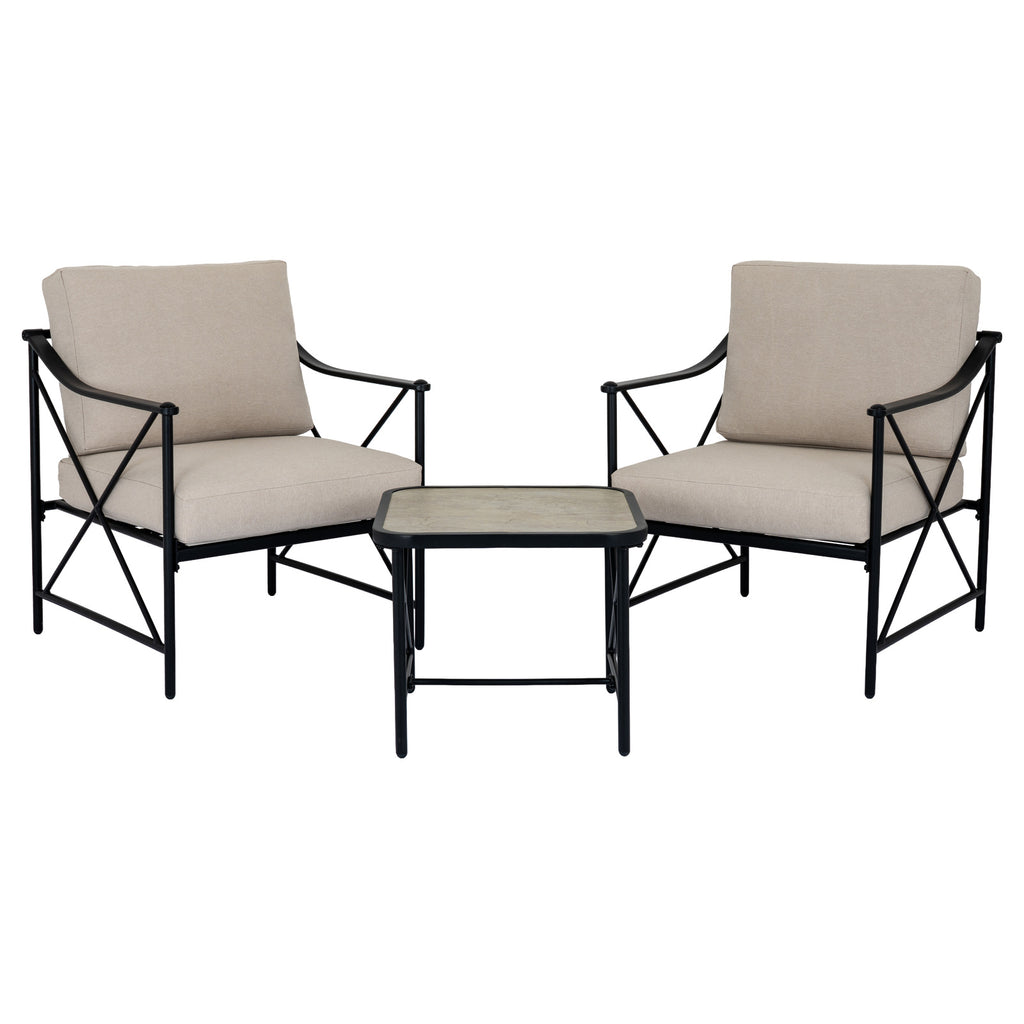 Two beige-cushioned black armchairs angled towards a square table, with crossed side braces visible.