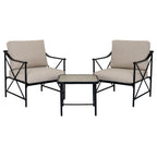 Two beige-cushioned black armchairs angled towards a square table, with crossed side braces visible.