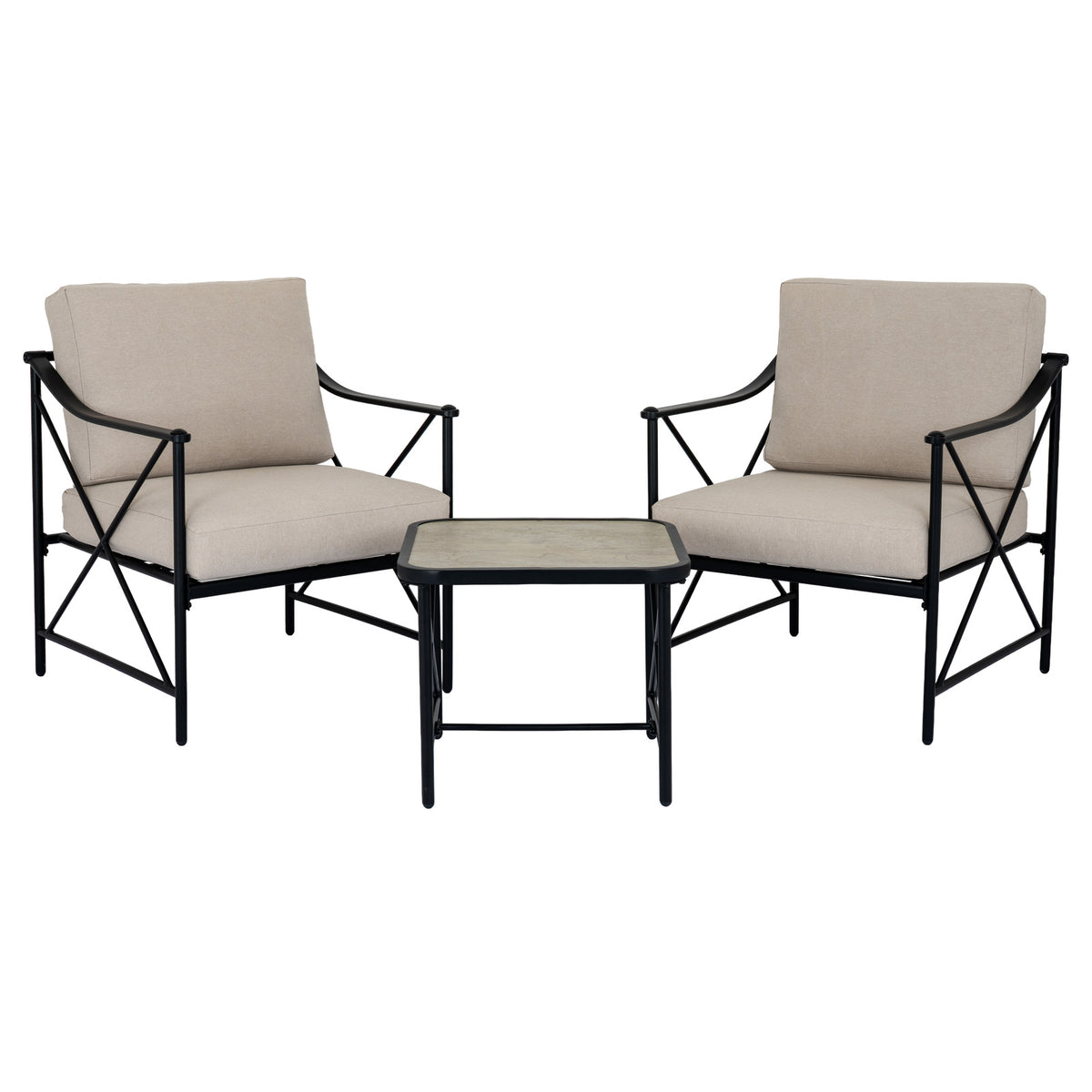 Two beige-cushioned black armchairs angled towards a square table, with crossed side braces visible.