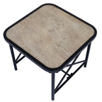 View from above of the pale mottled square table top within its rounded black border.