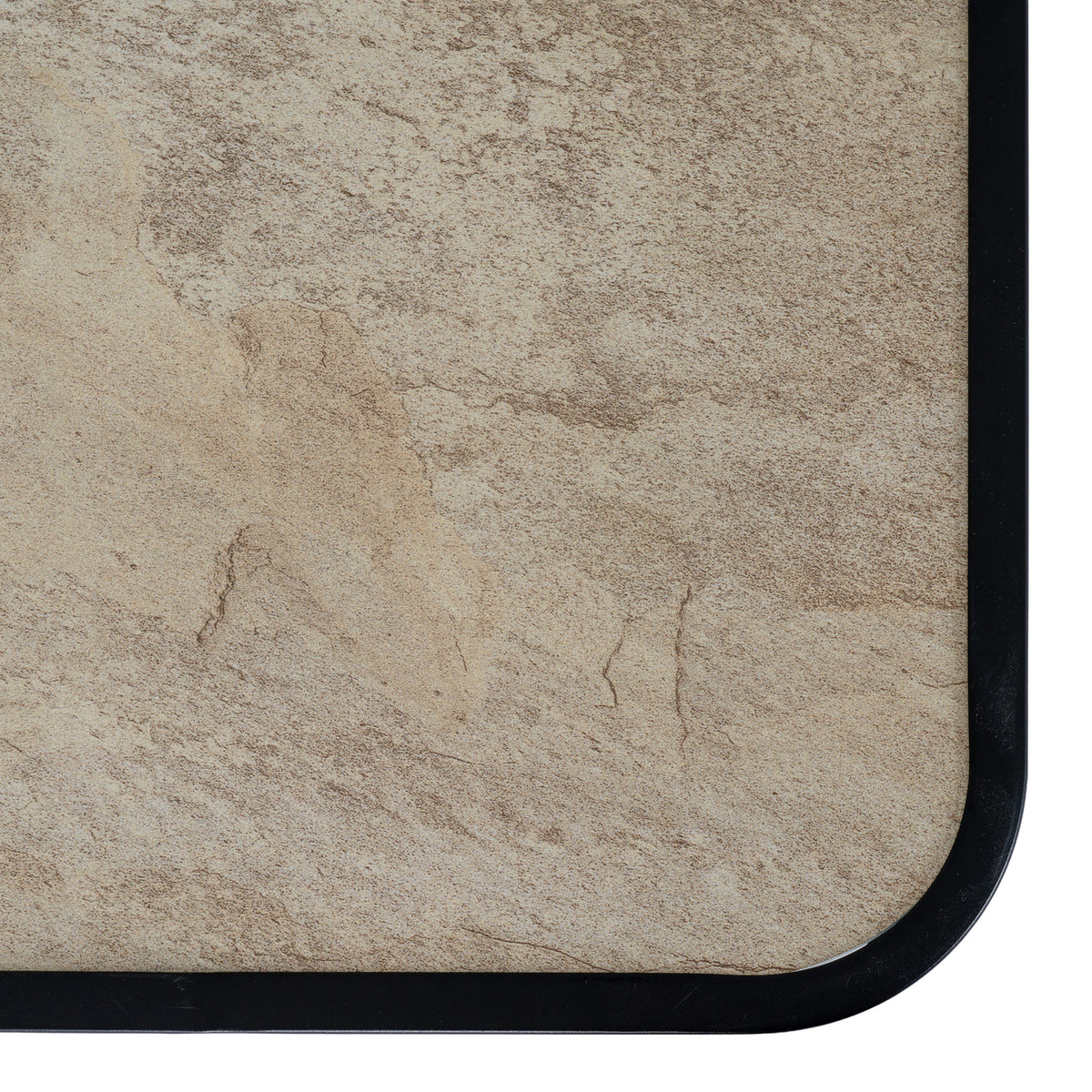 Close detail of the table top's beige and brown mottled pattern beside a rounded black corner.