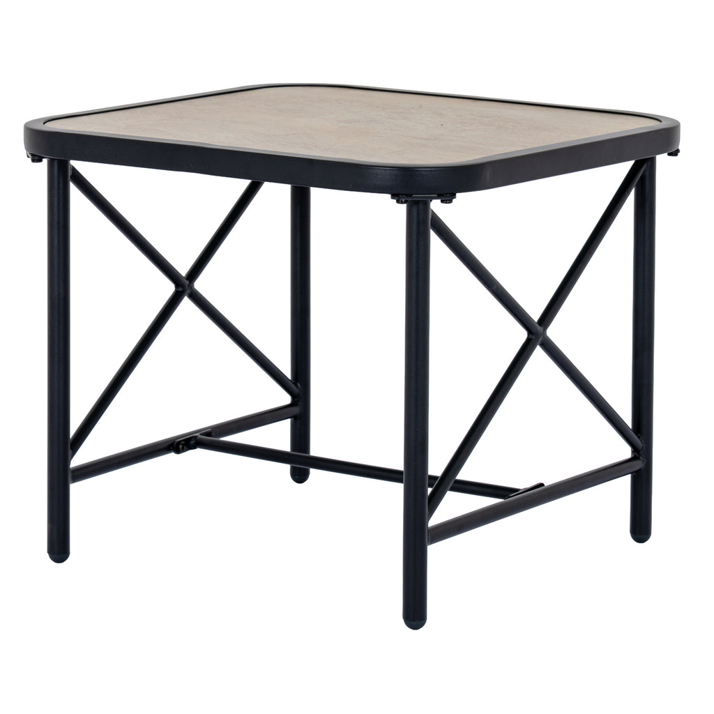 Square table with a pale inset top, rounded black border, slim legs and crossed braces on the visible sides.
