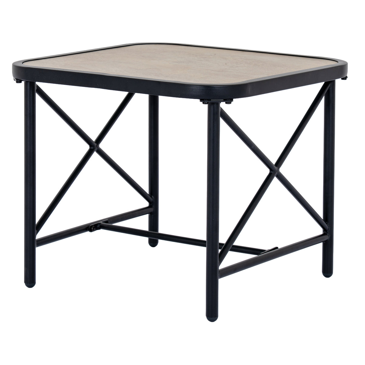 Square table with a pale inset top, rounded black border, slim legs and crossed braces on the visible sides.