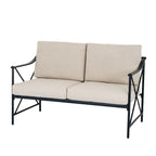 Angled view of the bench showing paired beige seat and back cushions, swept black arms and crossed side braces.