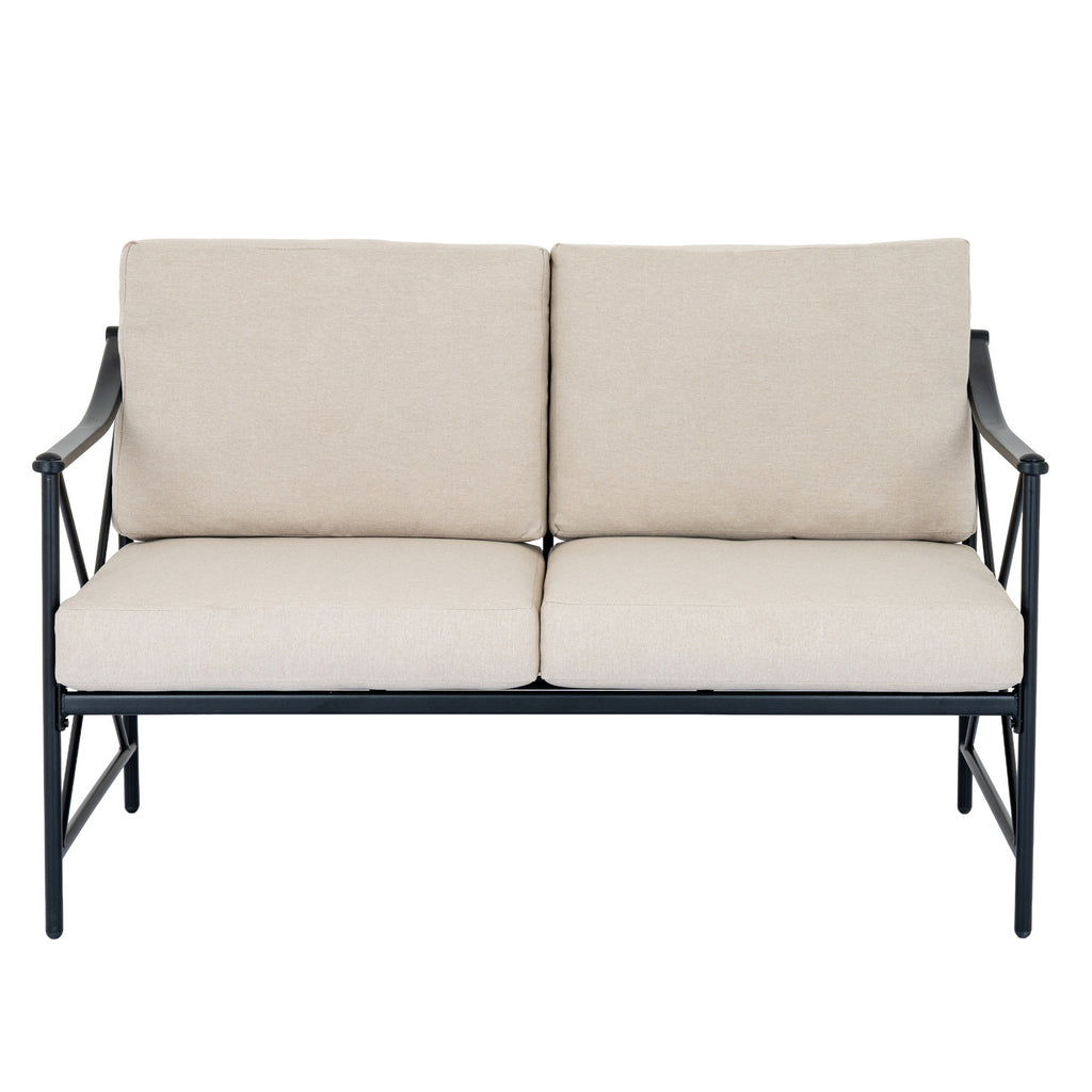 Front view of the bench with two beige back cushions above matching seat cushions and slim black legs.