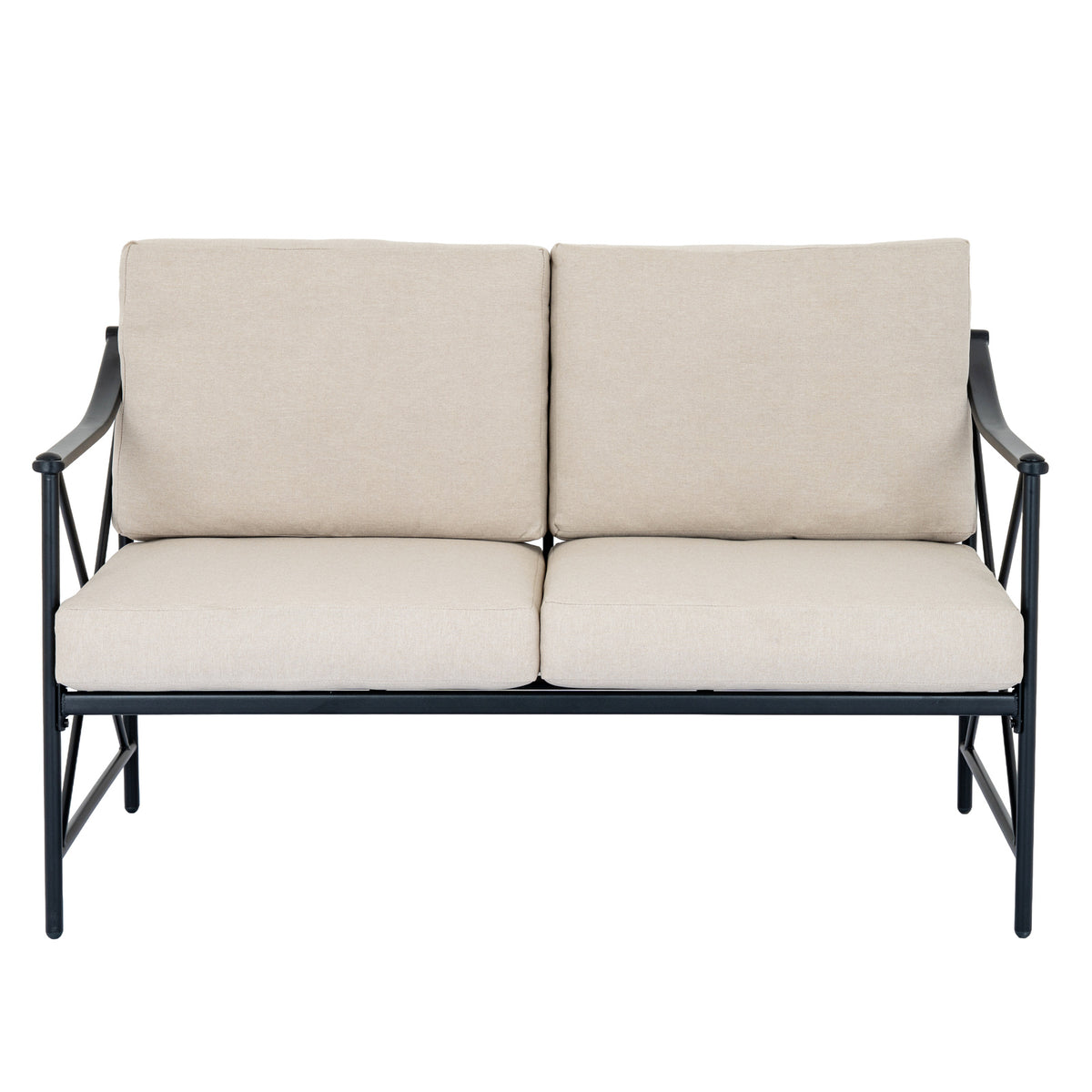 Front view of the bench with two beige back cushions above matching seat cushions and slim black legs.