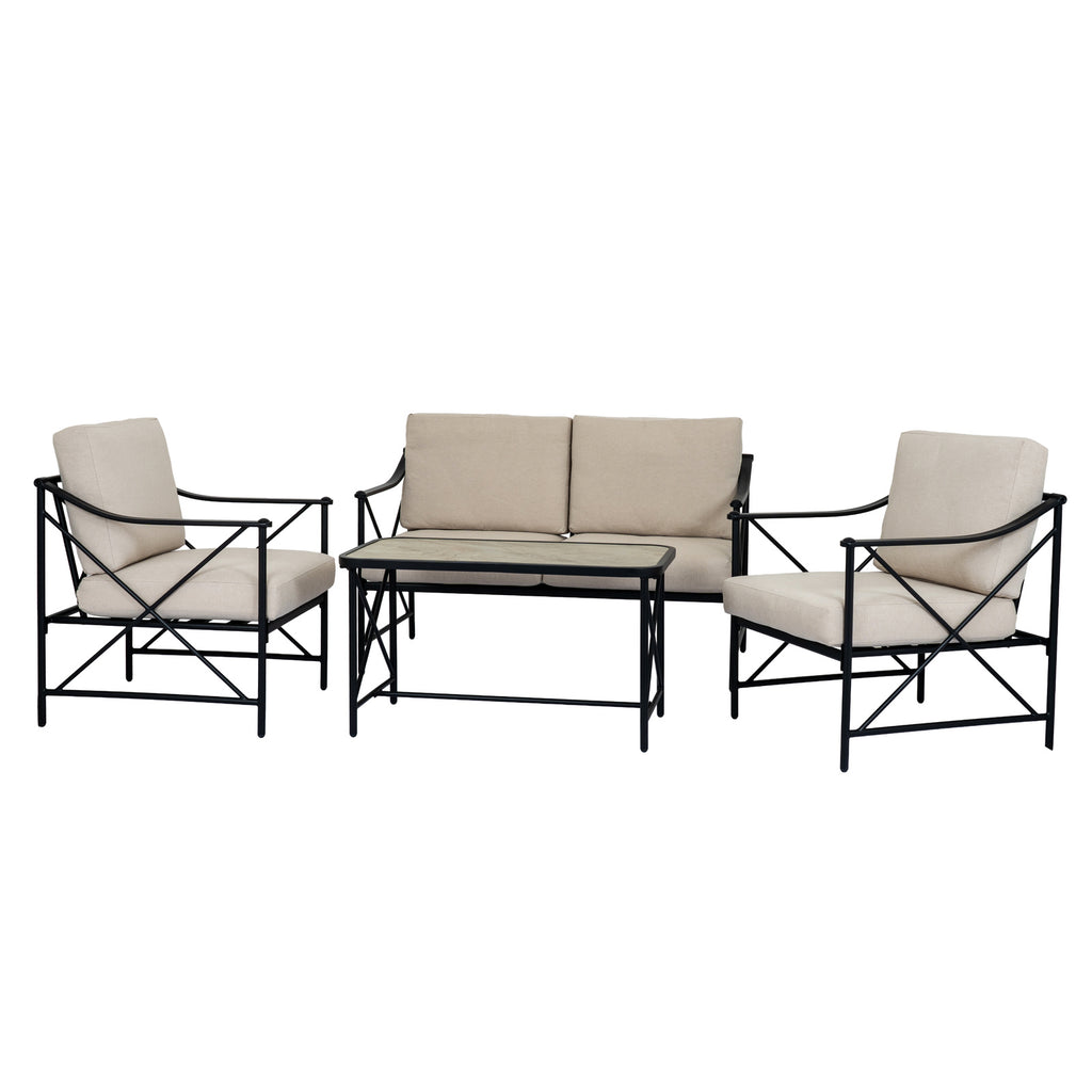 Crossbrace Lounge Set shown with a beige cushioned bench, two matching armchairs and a pale rectangular table against white.