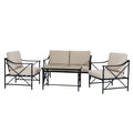 Crossbrace Lounge Set shown with a beige cushioned bench, two matching armchairs and a pale rectangular table against white.