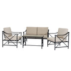 Crossbrace Lounge Set shown with a beige cushioned bench, two matching armchairs and a pale rectangular table against white.