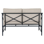 Rear view of the bench showing two black crossbrace panels across the backs of the beige cushions.
