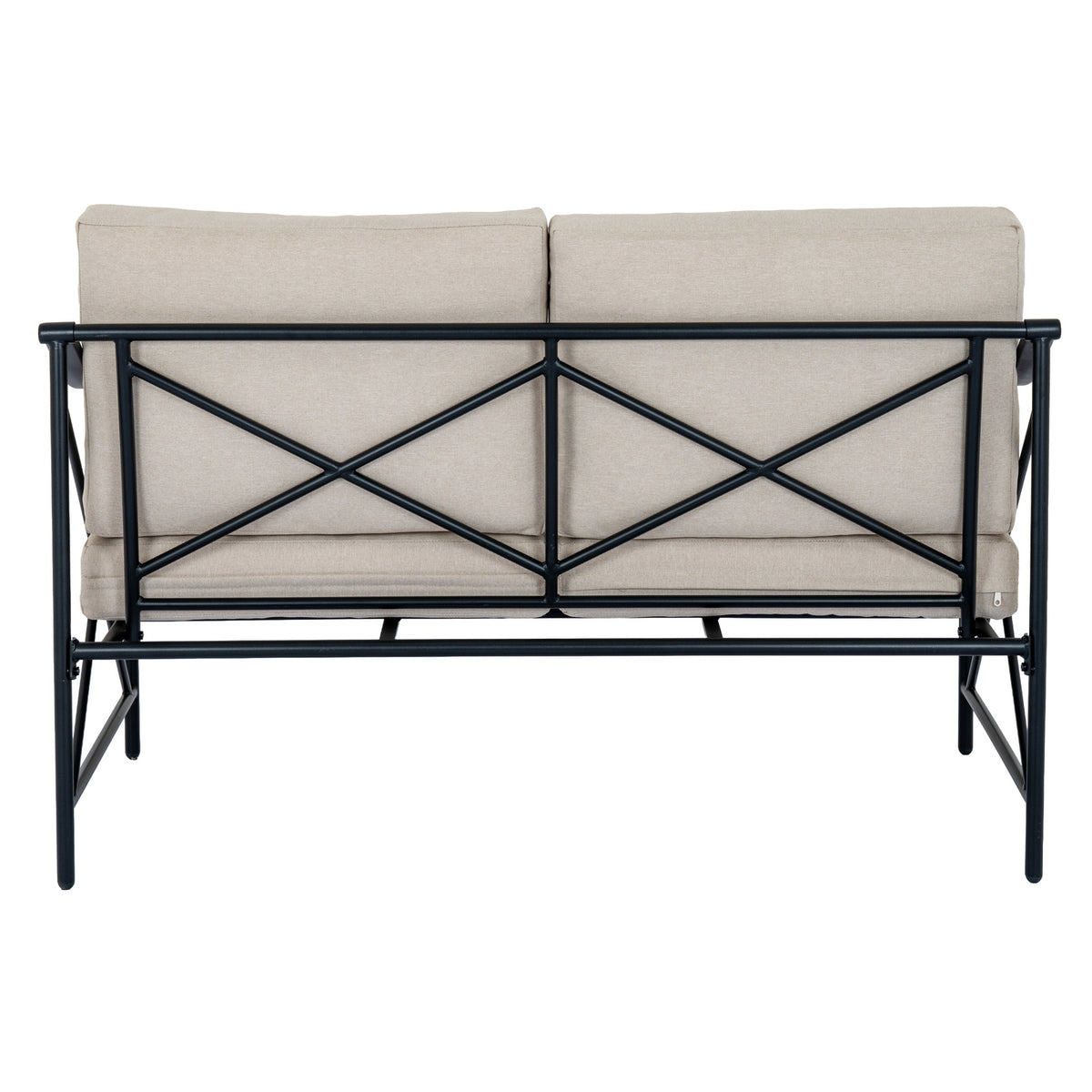 Rear view of the bench showing two black crossbrace panels across the backs of the beige cushions.