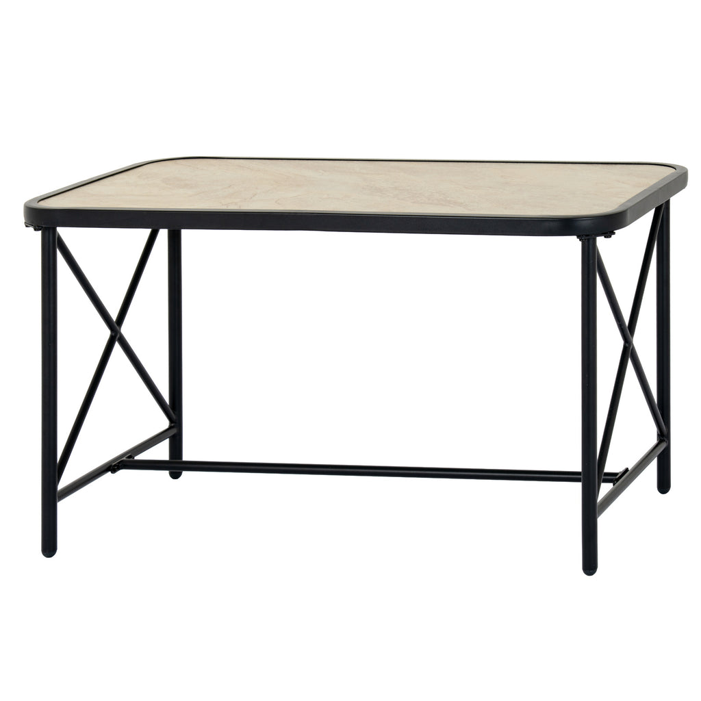 Rectangular table with a pale mottled inset top, rounded black border, crossed end braces and a low connecting bar.
