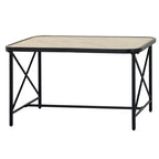 Rectangular table with a pale mottled inset top, rounded black border, crossed end braces and a low connecting bar.