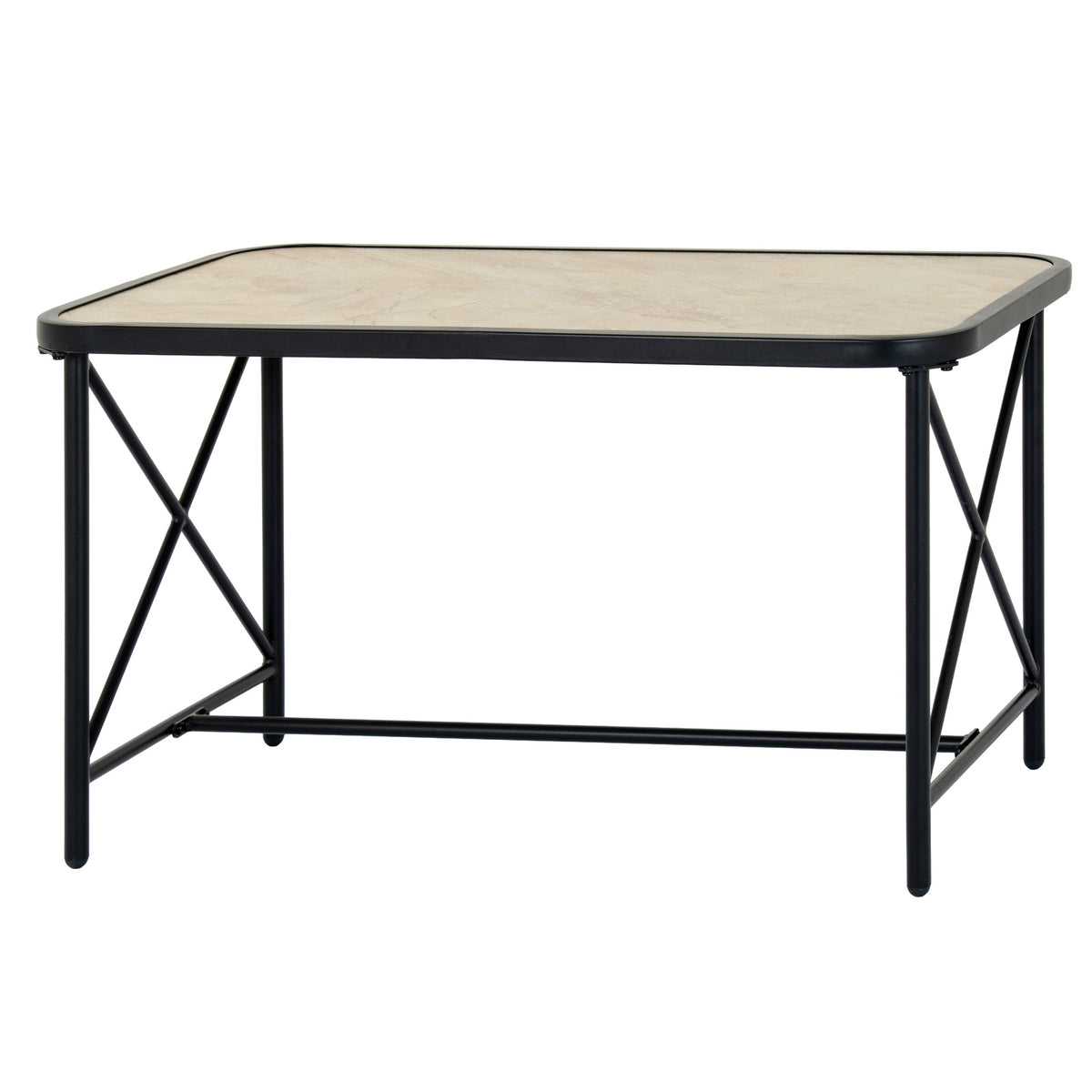Rectangular table with a pale mottled inset top, rounded black border, crossed end braces and a low connecting bar.