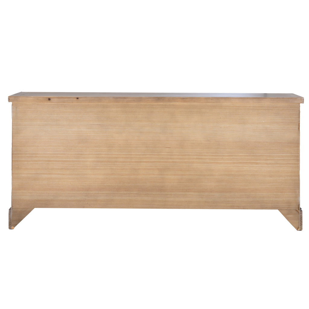 Straight rear view of the sideboard, showing a broad pale brown back panel, overhanging top and cut-away lower corners.