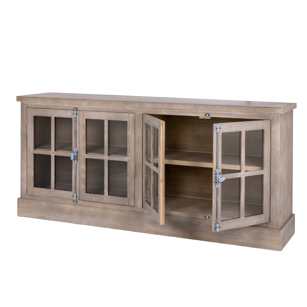Four-door sideboard with the two right-hand doors open, revealing the interior shelf surfaces while the left-hand doors remain closed.