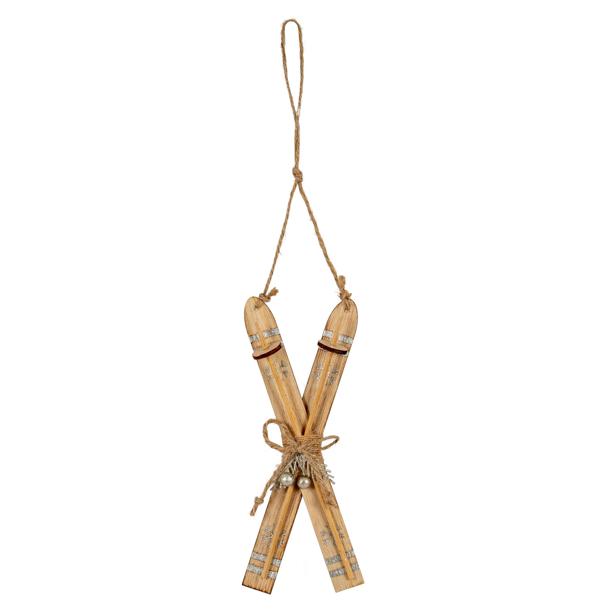 Front view of a crossed-ski ornament with a long twine hanging loop, silver-coloured snowflakes and a bow at the centre.