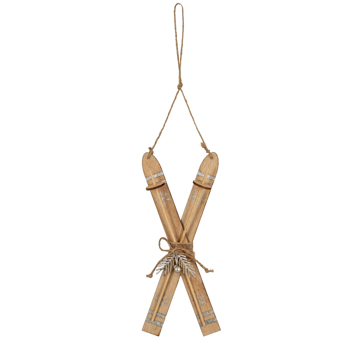 Front view of the crossed-ski ornament with its full twine hanging loop, silver-coloured snowflakes and central bow against a white background.
