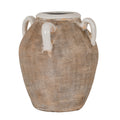 Rounded vase with fine pale crosshatching over a grey-brown and tan body, a smooth pale rim and three visible looping shoulder handles on a white background.