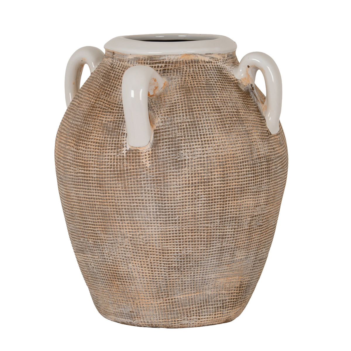 Rounded vase with fine pale crosshatching over a grey-brown and tan body, a smooth pale rim and three visible looping shoulder handles on a white background.