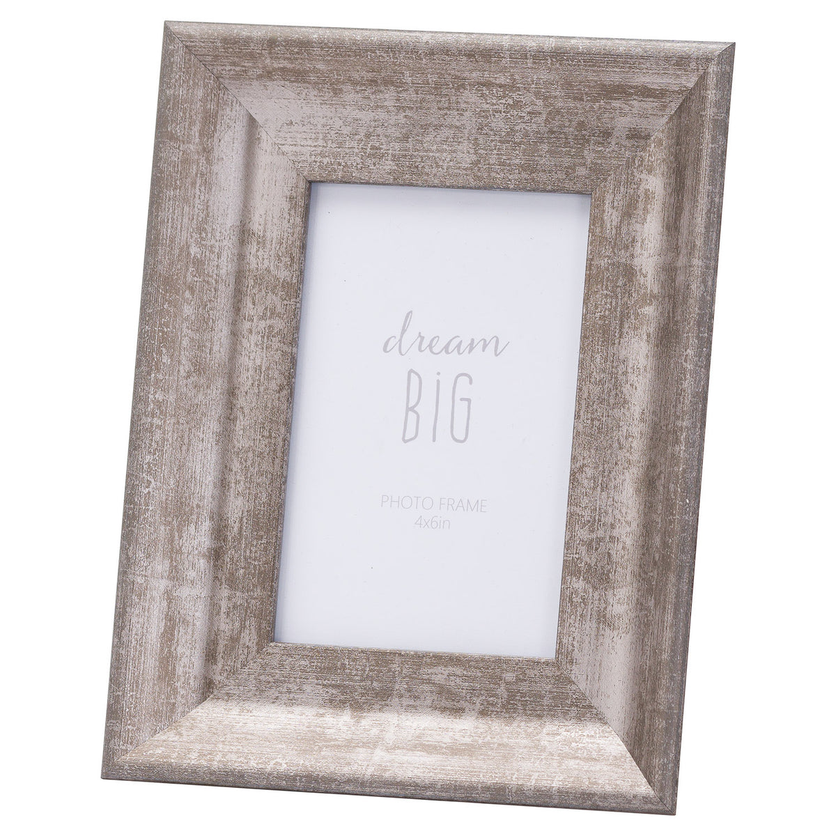 Angled view of a portrait photo frame with a broad sloping silver-grey surround, distressed linear markings and a white dream BIG placeholder.