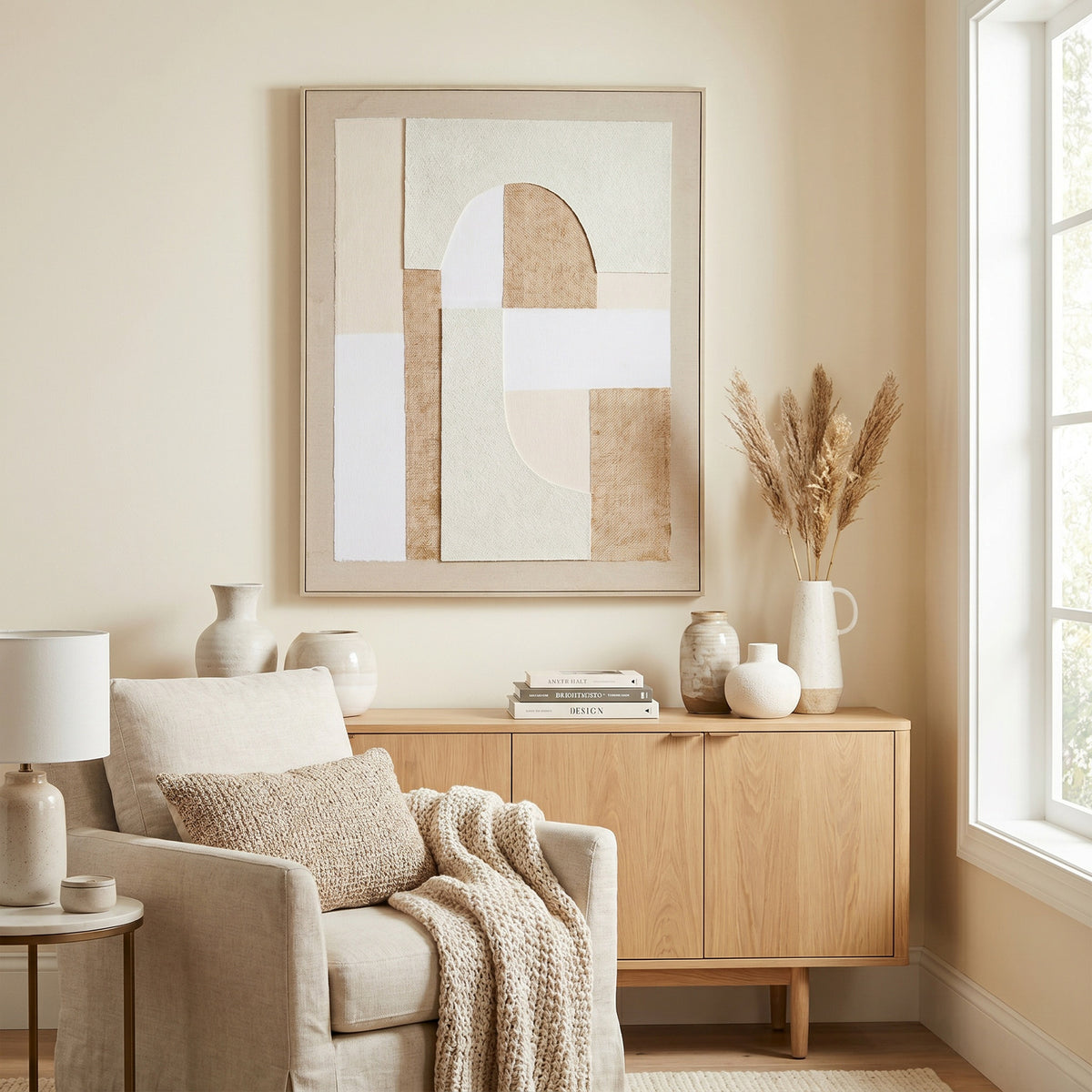 Crosshatched Archfields Framed Artwork displayed above a pale wood sideboard with neutral ceramics, beside a cream armchair and a window.