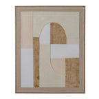 Front view of Crosshatched Archfields Framed Artwork with cream, white and ochre-brown blocks and curved arch shapes in a light-brown frame.