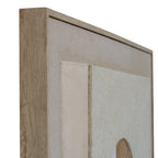 Angled detail of the upper frame corner showing its light-brown wood-grain finish, narrow dark reveal and textured cream panels.