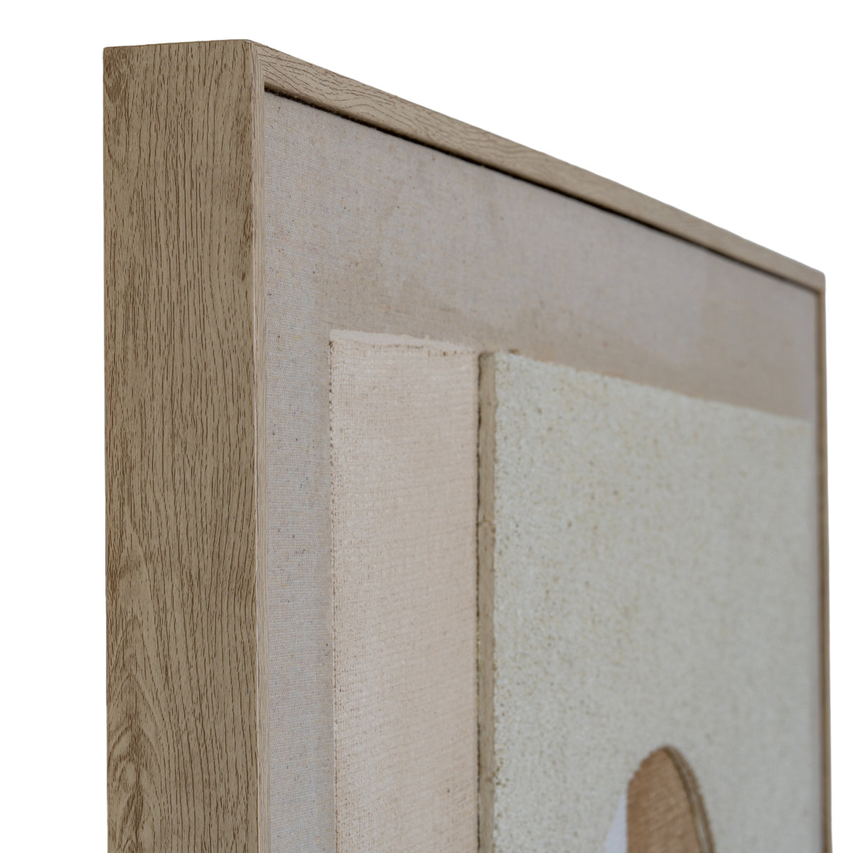 Angled detail of the upper frame corner showing its light-brown wood-grain finish, narrow dark reveal and textured cream panels.