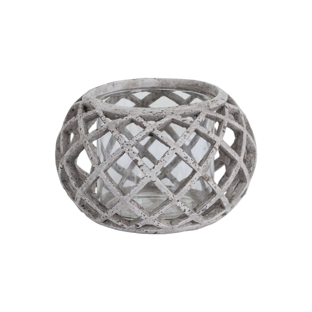 Rounded pale grey Crosslattice lantern on a white background, showing its open diamond pattern, circular rim and clear inner vessel.