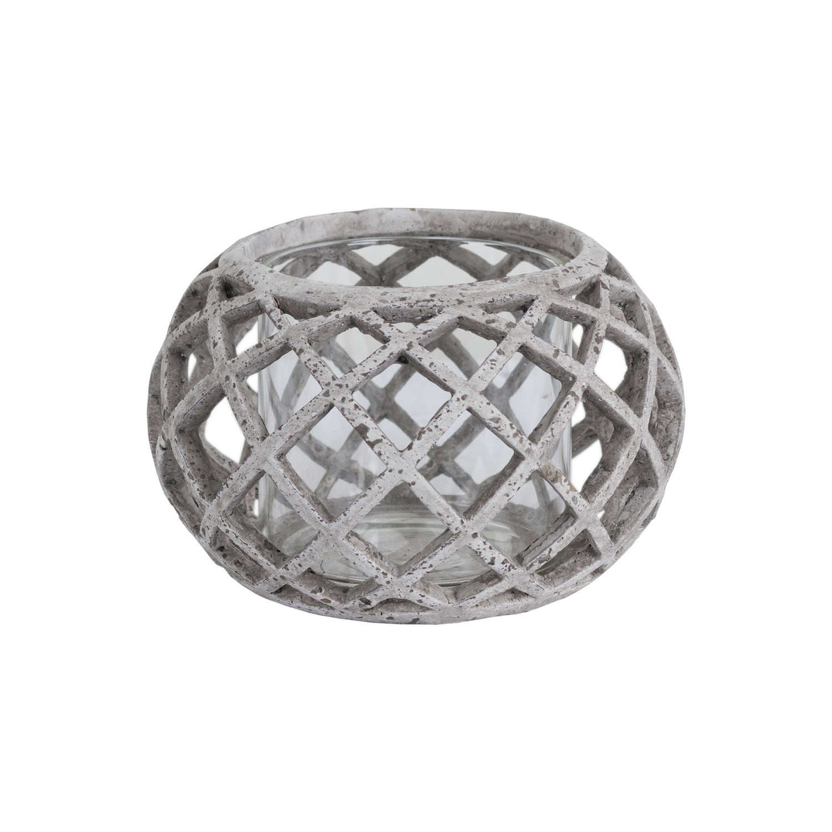 Rounded pale grey Crosslattice lantern on a white background, showing its open diamond pattern, circular rim and clear inner vessel.