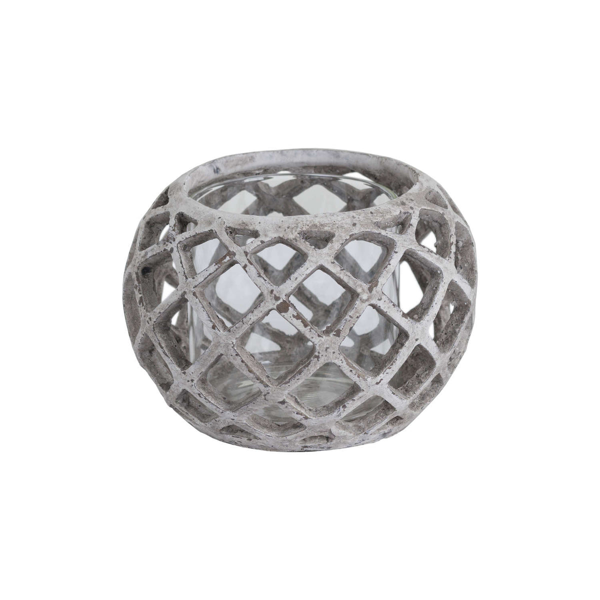 Crosslattice Lantern viewed slightly from above, showing its broad rounded shape, open diamond pattern and pale mottled finish.