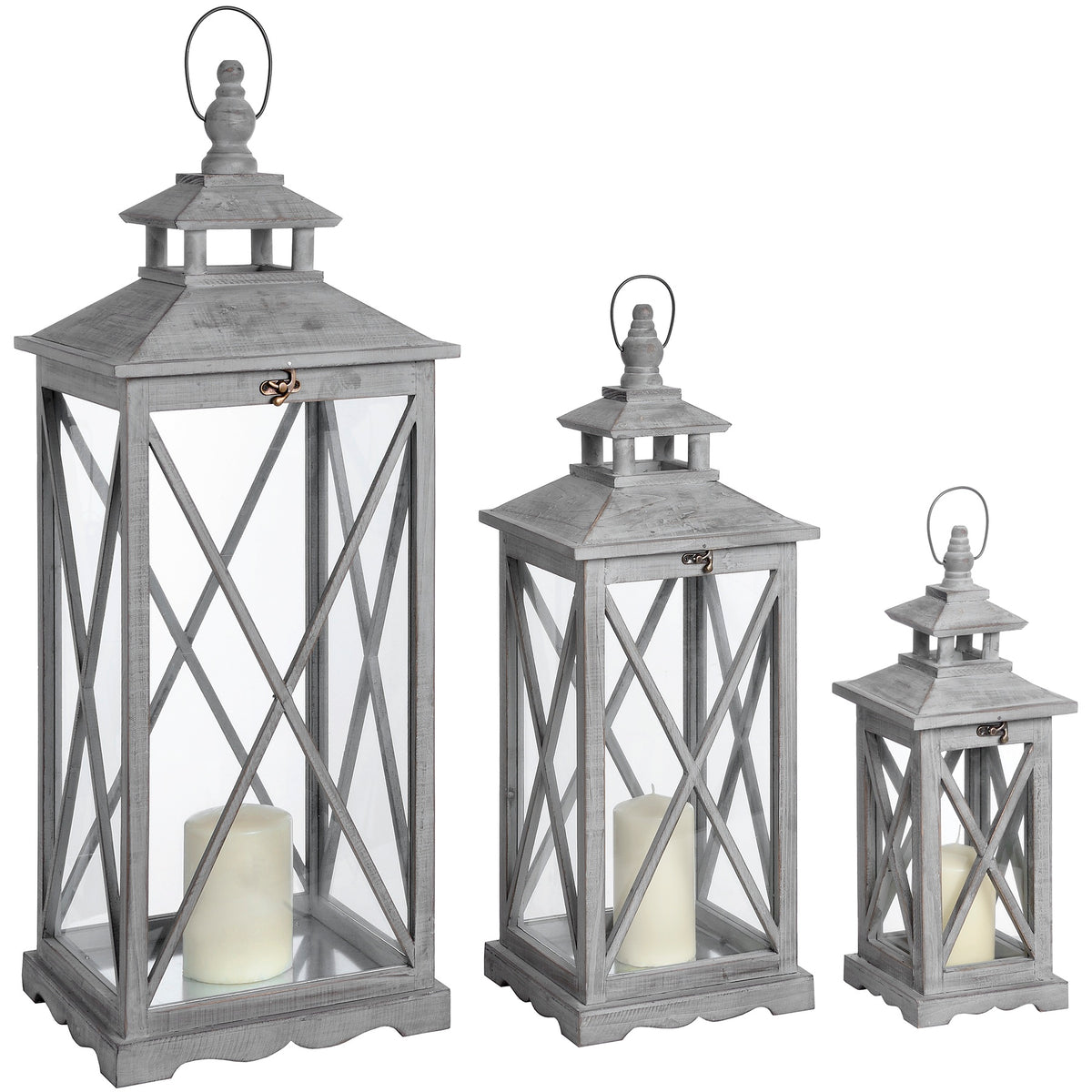 Three grey wooden lanterns in descending sizes, each with crossed side bars, a tiered roof, a top loop and a cream candle pictured inside.