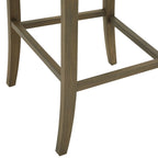 Detail of the stool's brown wood-grain appearance legs and the rectangular stretchers connecting them.