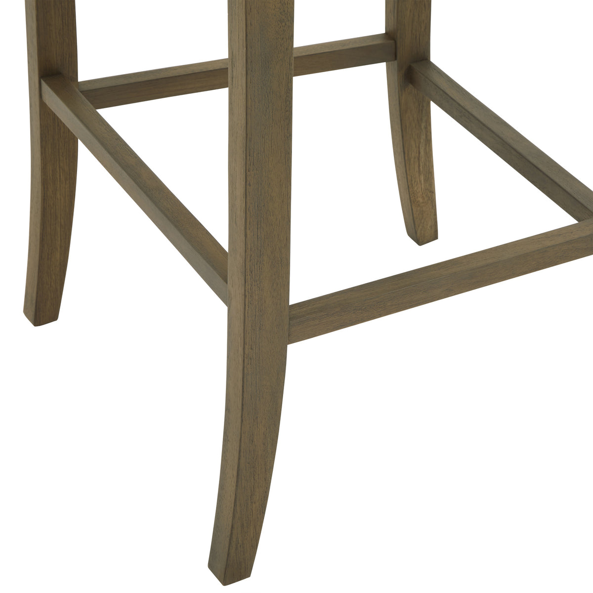 Detail of the stool's brown wood-grain appearance legs and the rectangular stretchers connecting them.