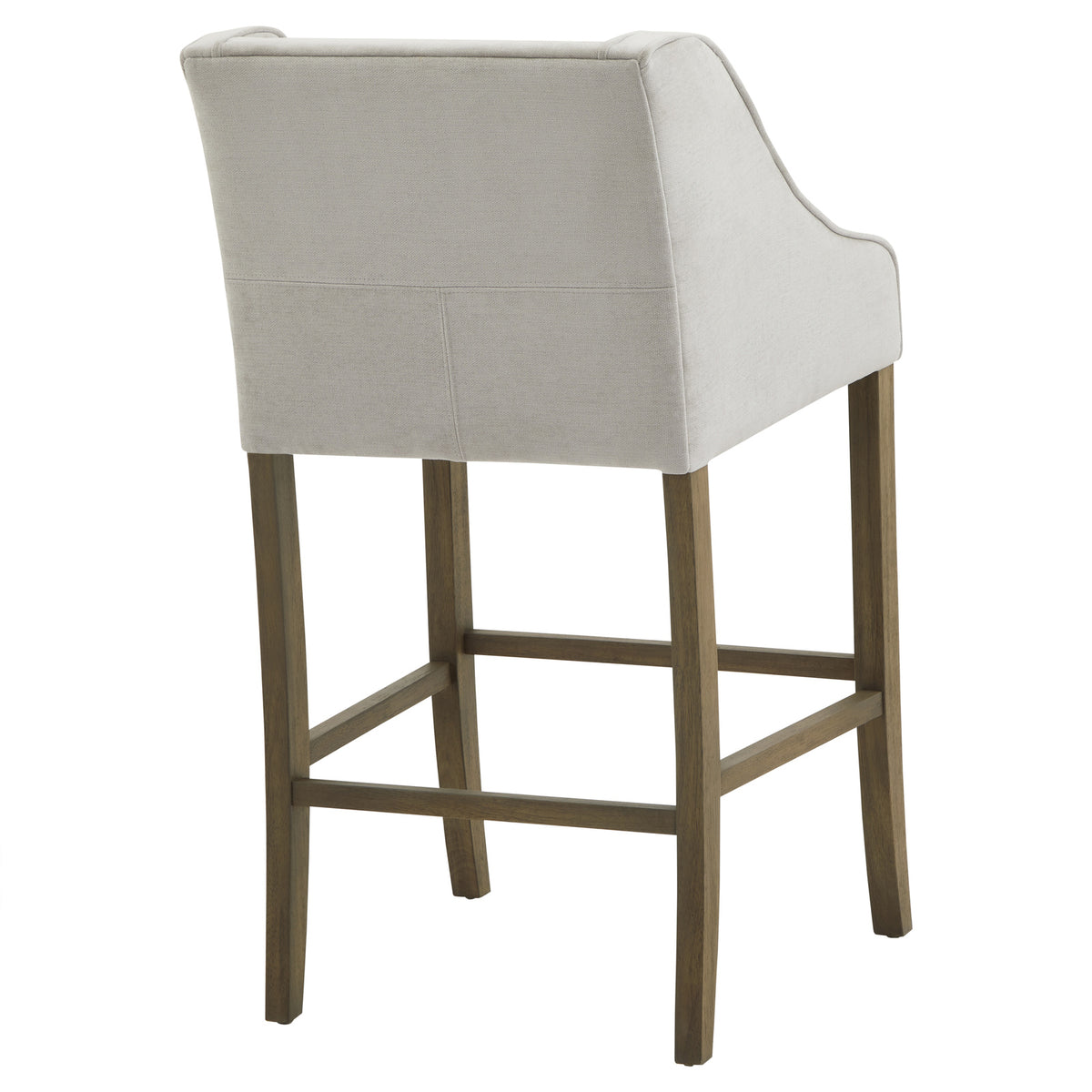 Rear angled view of the Crossstitch Counter Stool, with a plain pale back, piped curved sides and rectangular stretchers between brown legs.