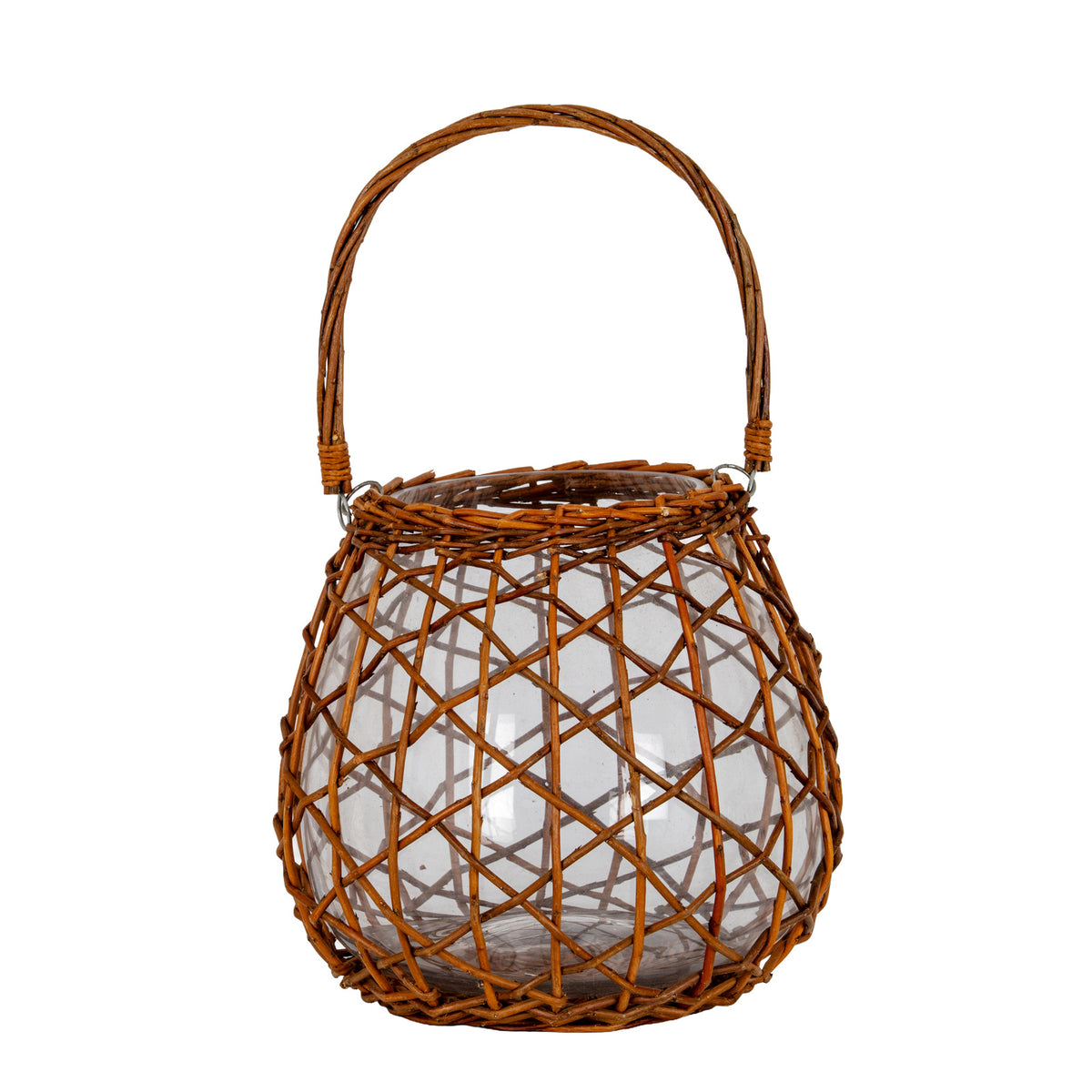 Brown lantern on a white background, with a rounded tapering body, crossing open weave, clear cylindrical insert and raised arched loop handle.