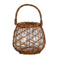 Empty, unlit rounded lantern with a transparent body, brown vertical and diagonal lattice, woven rim and base, and an arched handle against a white background.