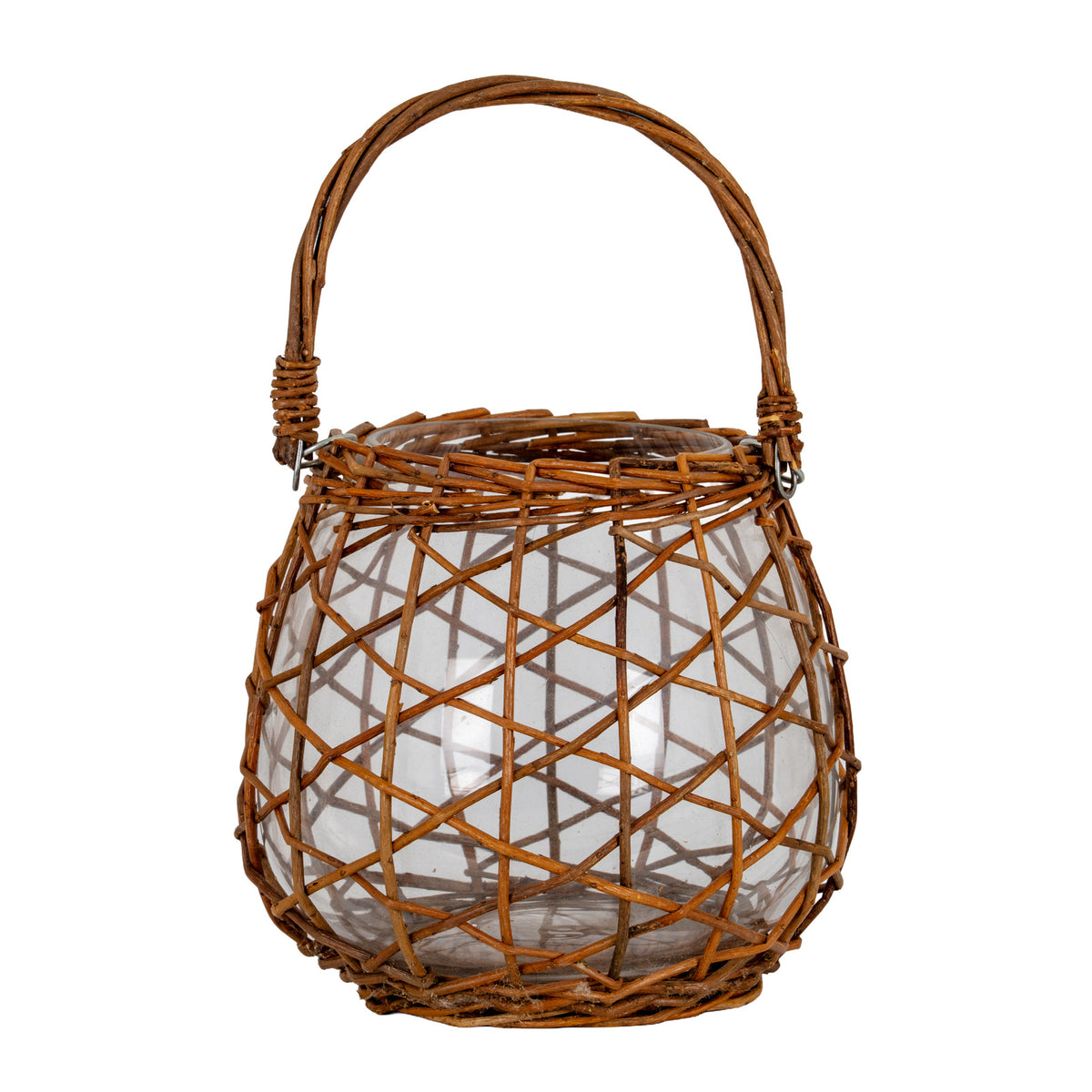 Empty, unlit rounded lantern with a transparent body, brown vertical and diagonal lattice, woven rim and base, and an arched handle against a white background.
