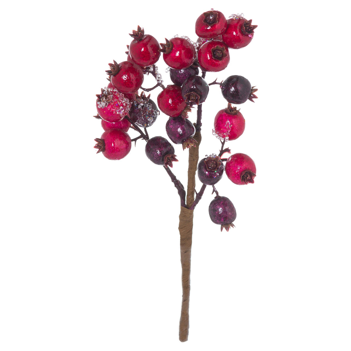 Crowncap Berry artificial pick with red and burgundy berries, brown crown-shaped caps and a wrapped stem against a white background.