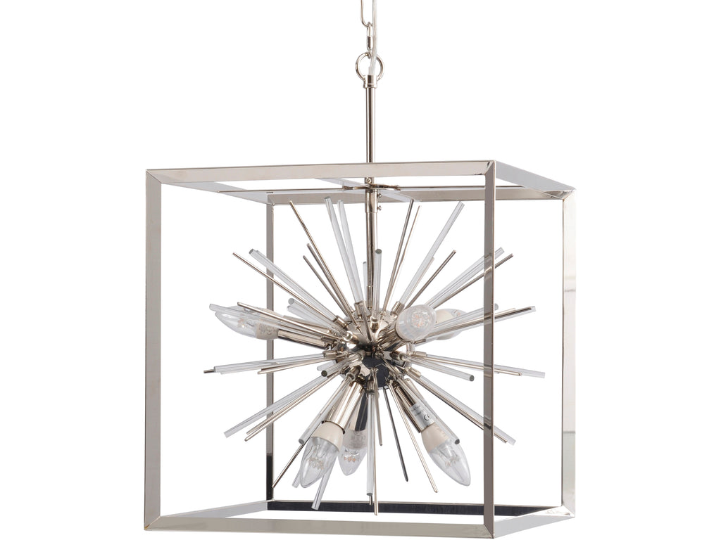 Silver-coloured cube pendant light with radiating rods, exposed candle-shaped bulbs and a chain suspension against a white background.