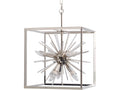 Silver-coloured cube pendant light with radiating rods, exposed candle-shaped bulbs and a chain suspension against a white background.