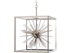 Silver-coloured cube pendant light with radiating rods, exposed candle-shaped bulbs and a chain suspension against a white background.