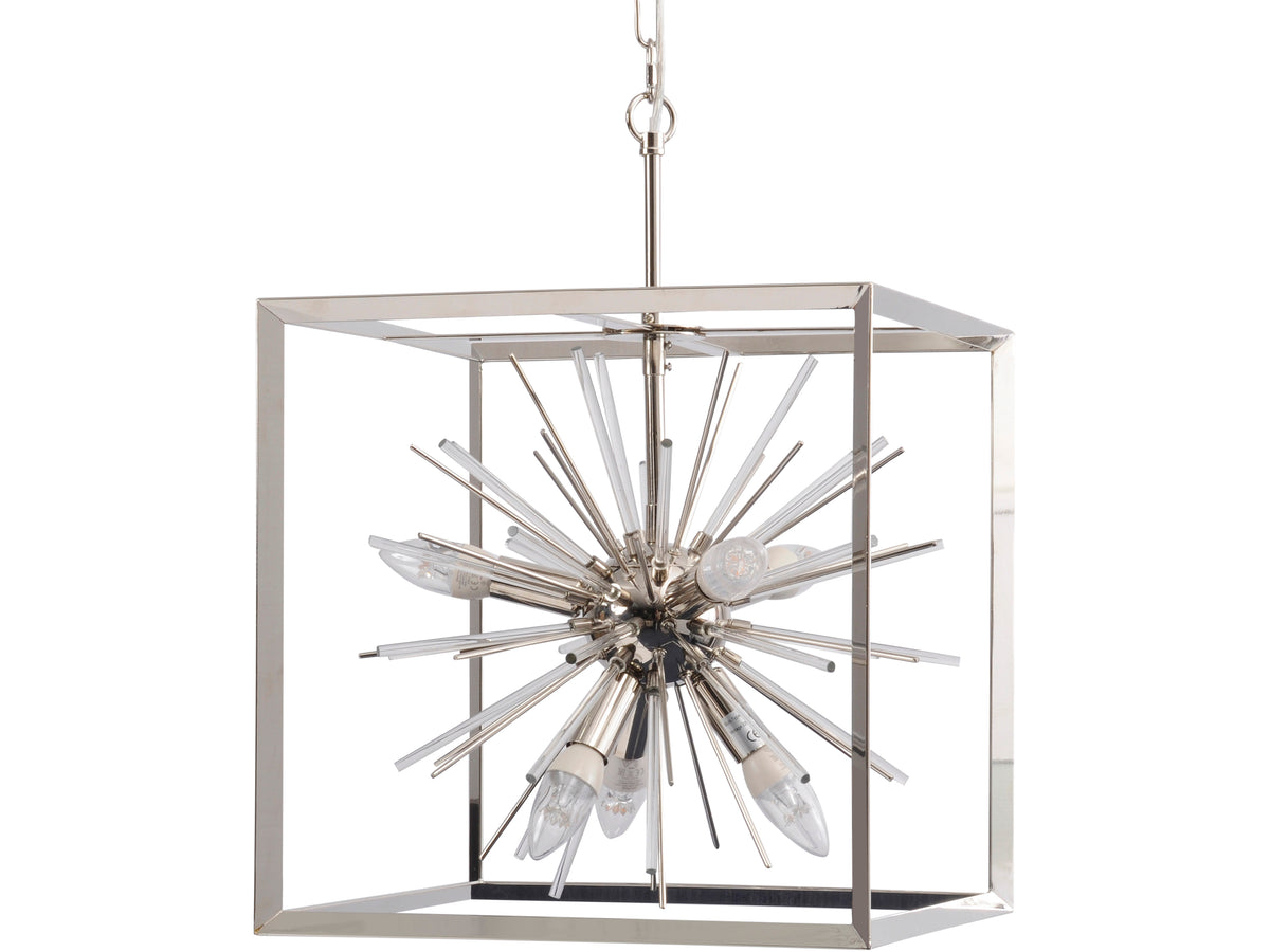 Silver-coloured cube pendant light with radiating rods, exposed candle-shaped bulbs and a chain suspension against a white background.