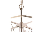 Close-up of the pendant's polished suspension stem and ring above the crossing supports of the cube frame.